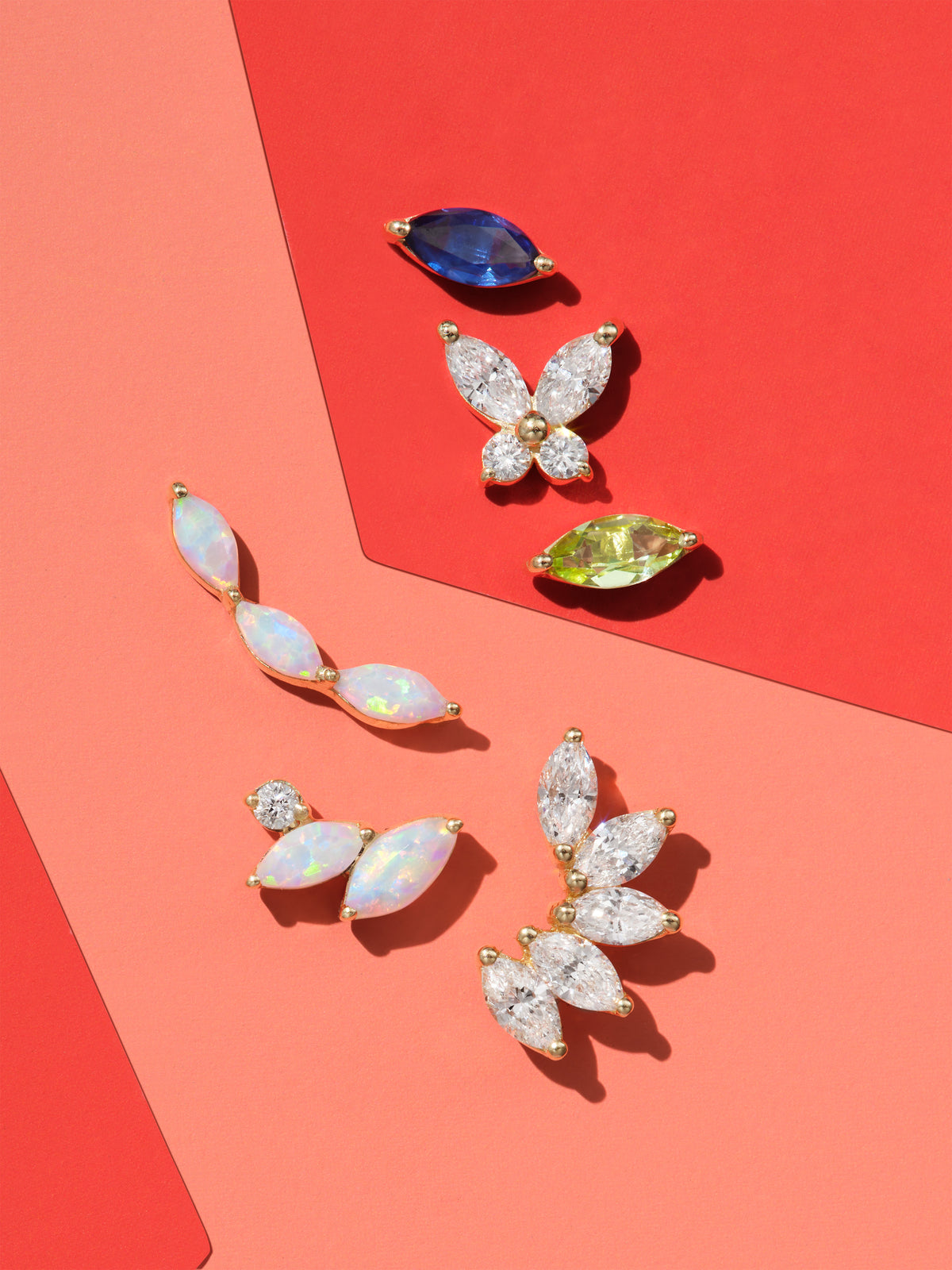 Three Opal Marquise Curve Yellow Gold Stud