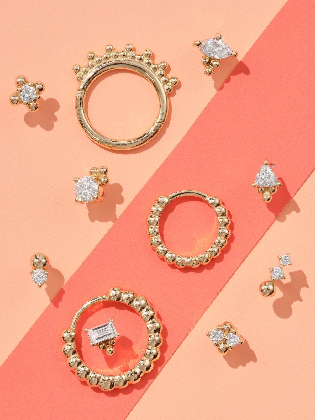 Diamond + Bead Trio Bar Yellow Gold Stud
