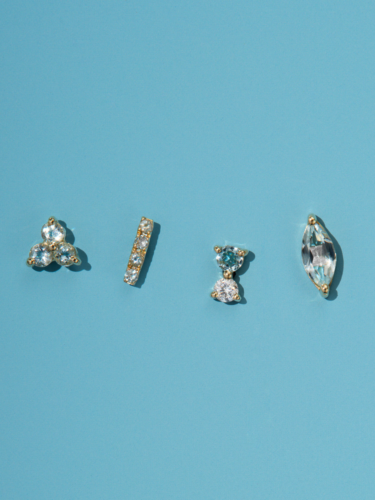 Tri-Aquamarine Yellow Gold Stud