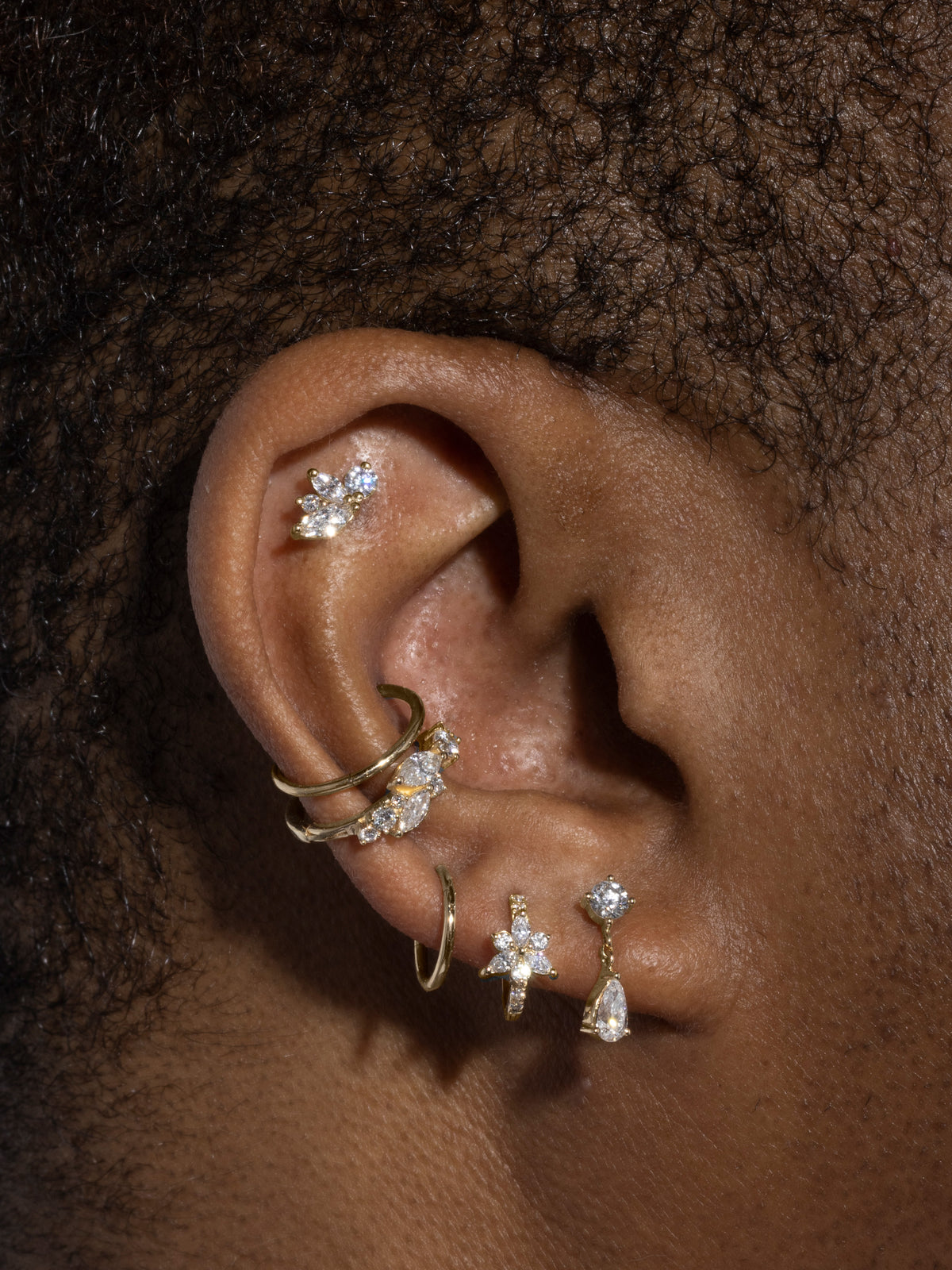 Round and Pear Diamond Drop Yellow Gold Single Earring