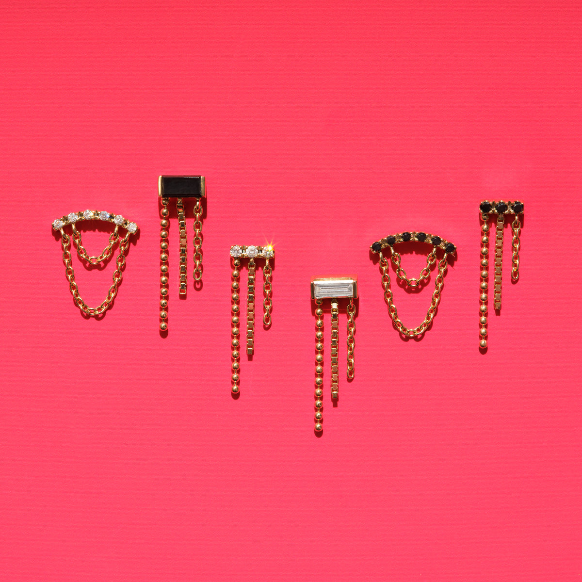 Diamond Curved Bar with Chain Drapes Yellow Gold Stud