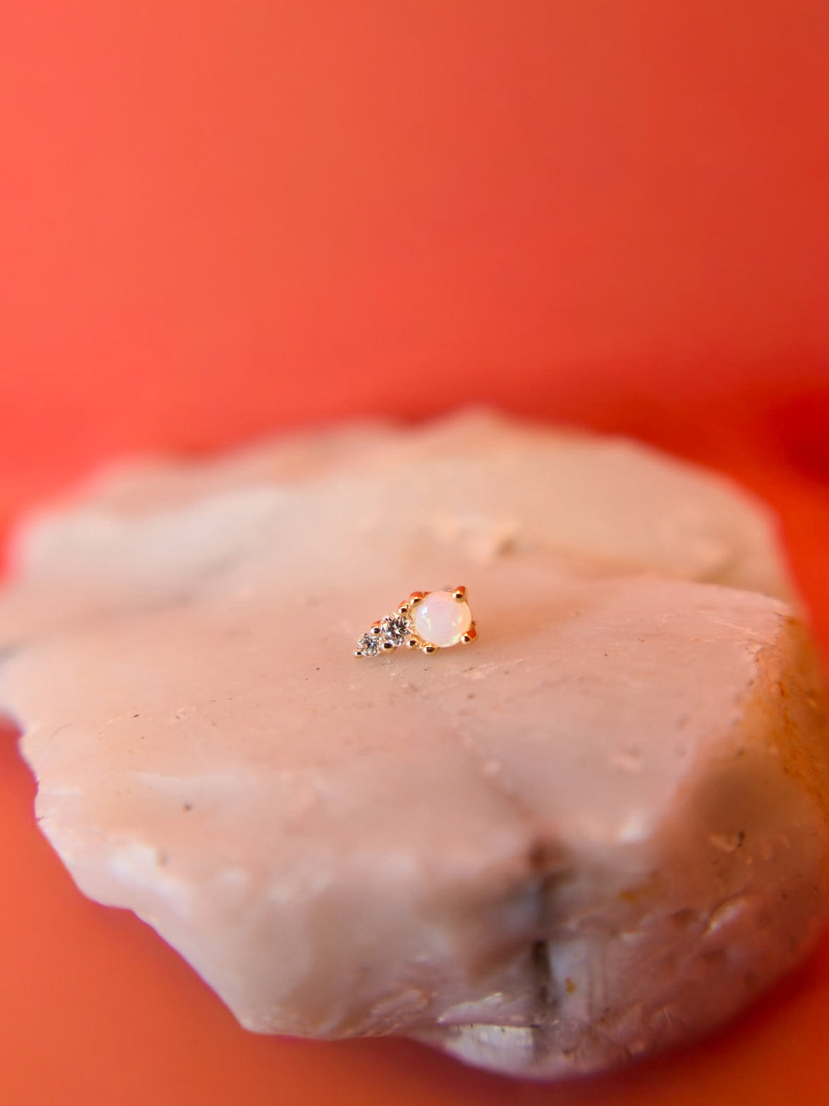 Opal & 2 Diamond Tiny Curve Yellow Gold Stud