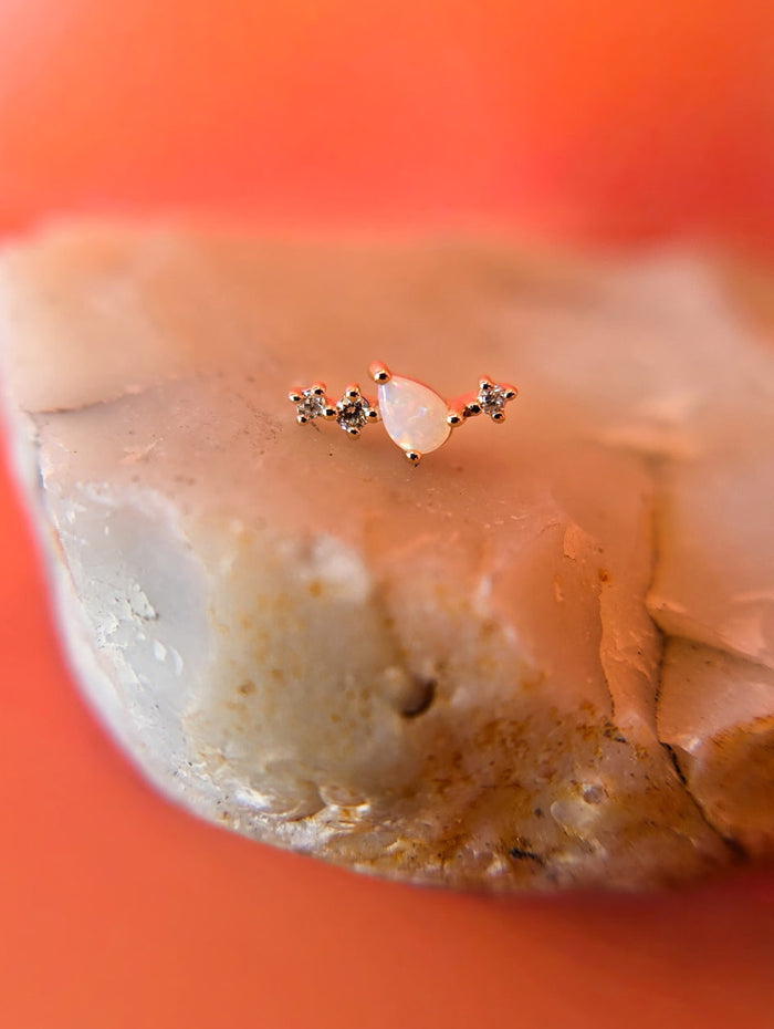 Opal & 3 Diamond Cluster Curve Yellow Gold Stud