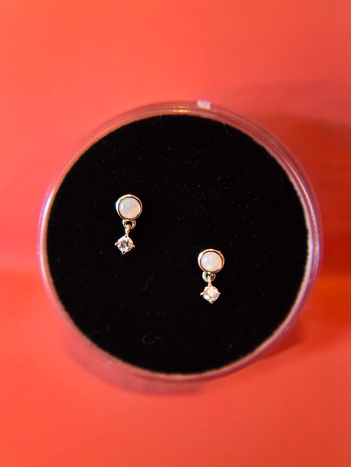 Opal Bezel & Tiny Diamond Drop Yellow Gold Stud