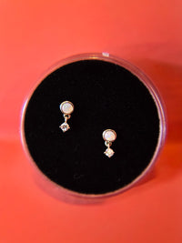 Opal Bezel & Tiny Diamond Drop Yellow Gold Stud