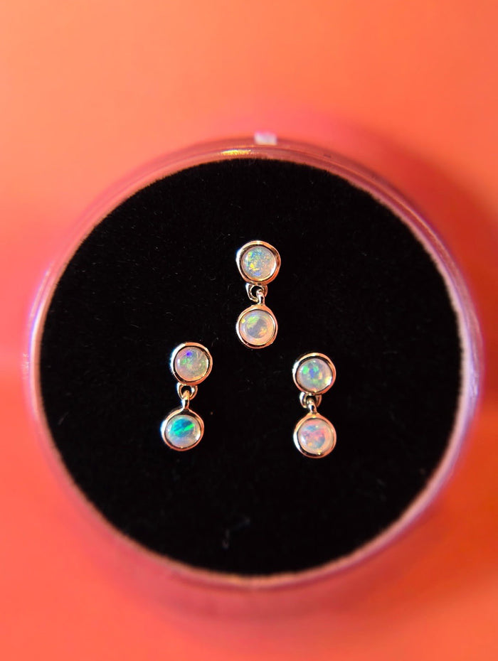 Double Opal Bezel Drop Yellow Gold Stud