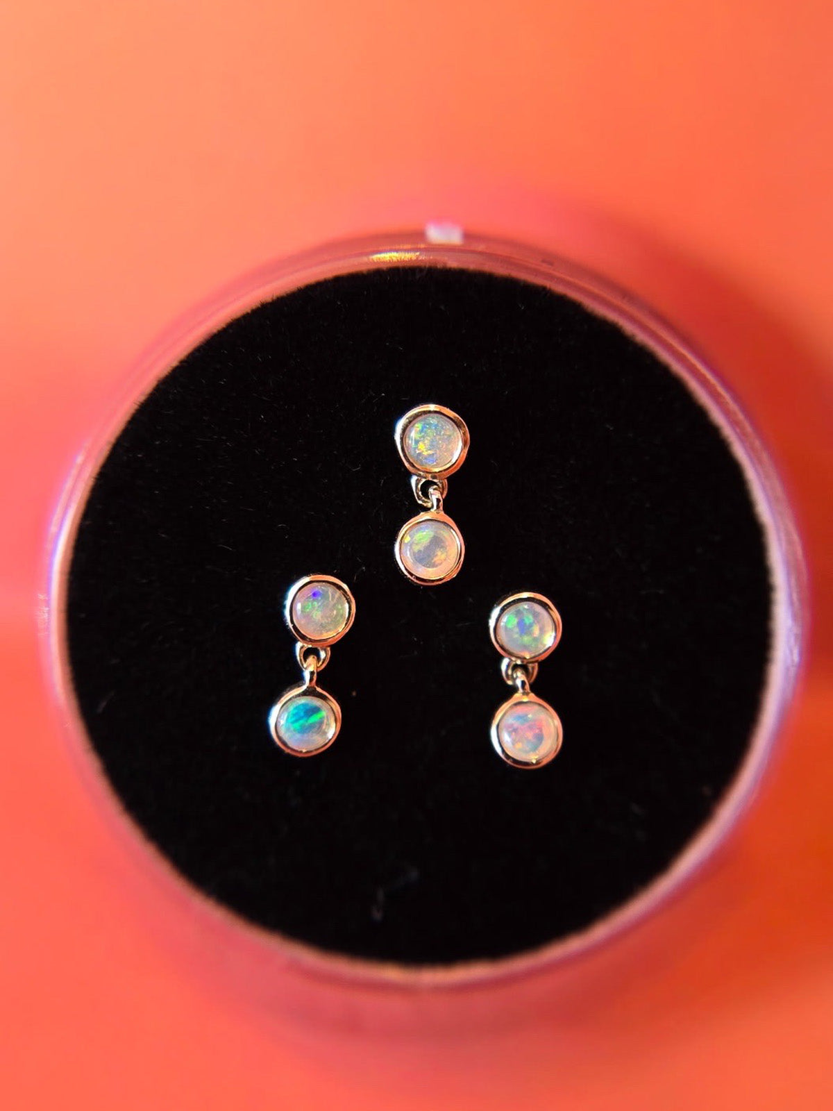 Double Opal Bezel Drop Yellow Gold Stud