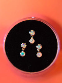 Double Opal Bezel Drop Yellow Gold Stud