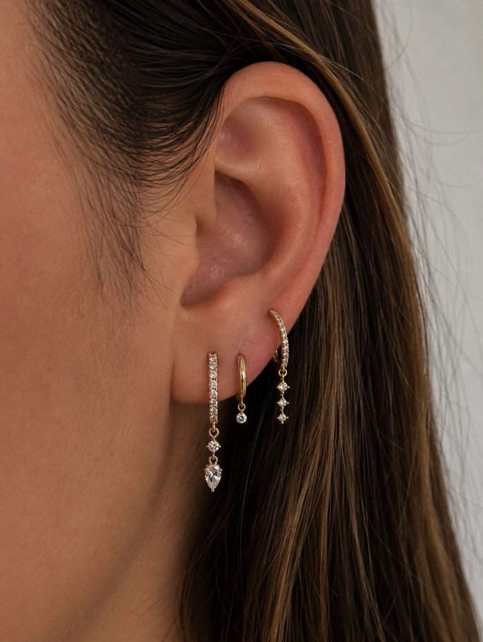 Double Diamond Drop Yellow Gold Hoop