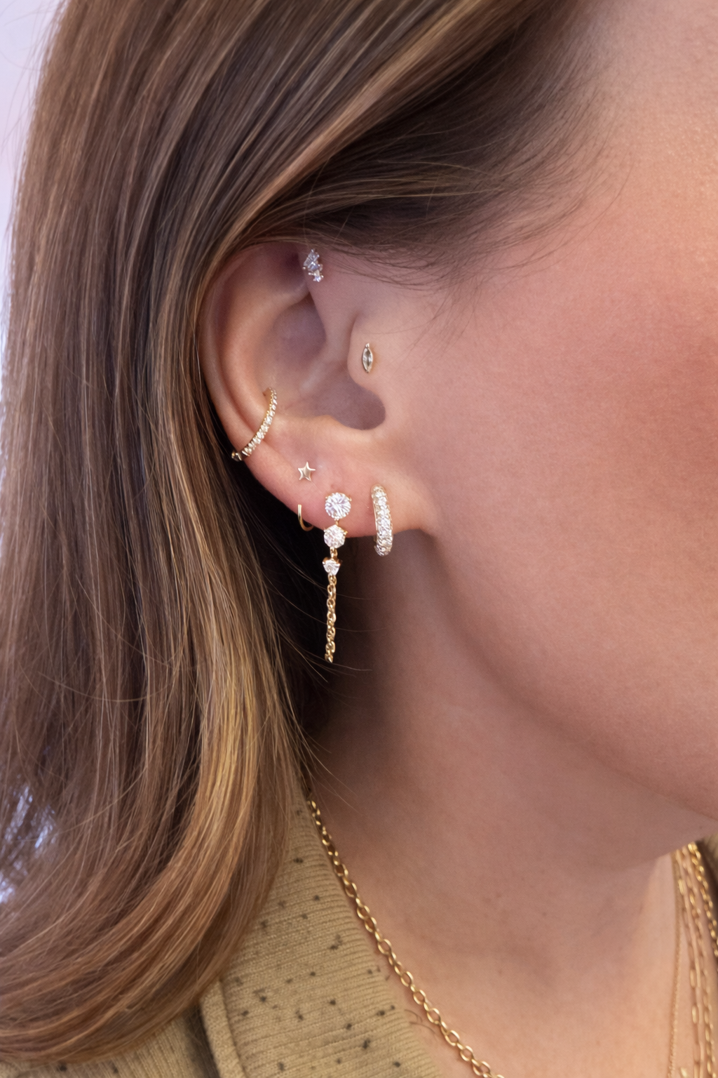 3 Graduated Lab Diamond Yellow Gold Chain Earring