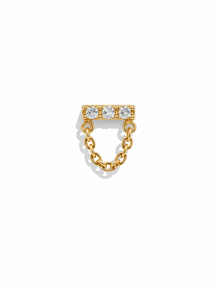 3 Diamond Bar with Chain Drape Yellow Gold Single Threadless Stud