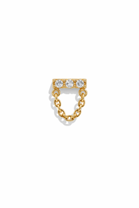 3 Diamond Bar with Chain Drape Yellow Gold Single Threadless Stud