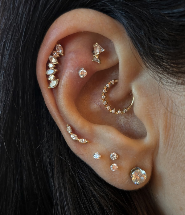 Marquise & Round Diamond Large Curve Yellow Gold Stud