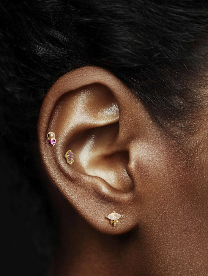 Pink Sapphire Solitaire + Bead Yellow Gold Stud