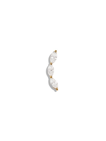 Three Diamond Marquise Curve Yellow Gold Single Stud