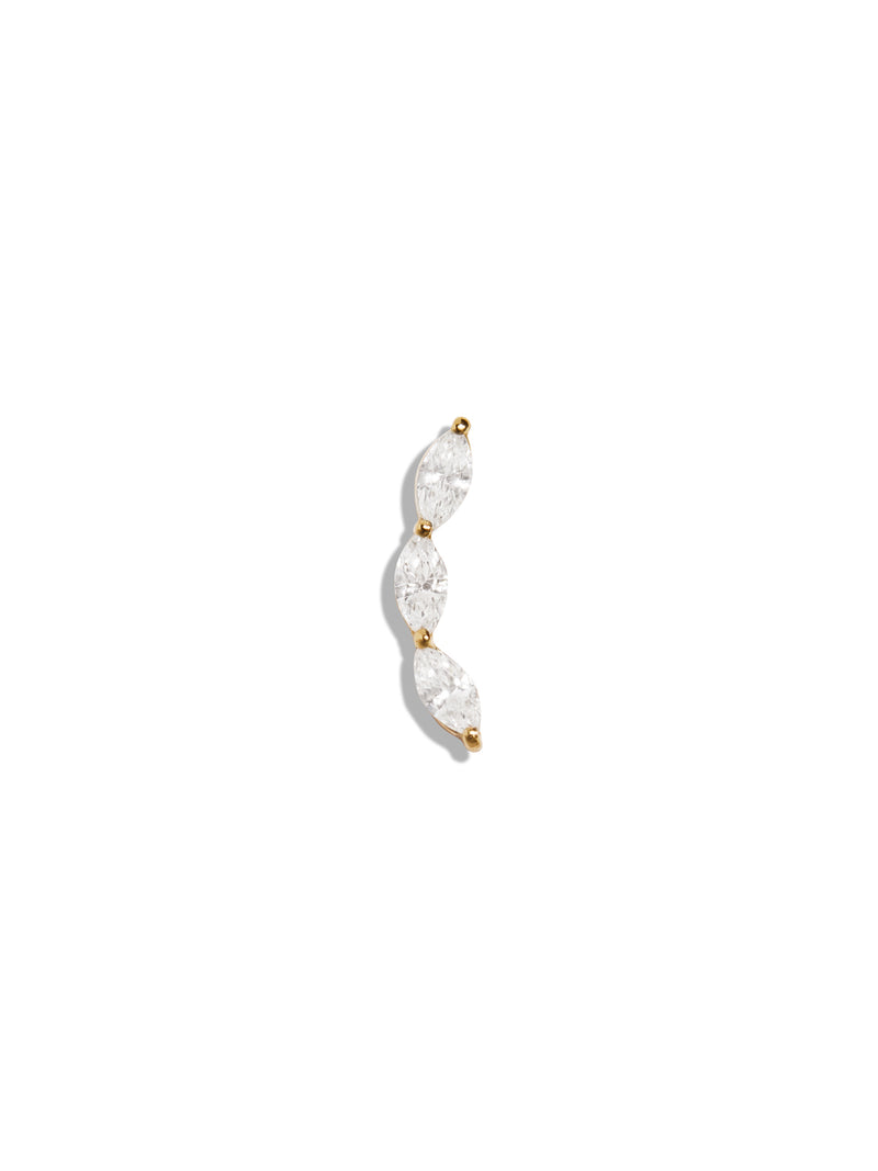 Three Diamond Marquise Curve Yellow Gold Single Stud