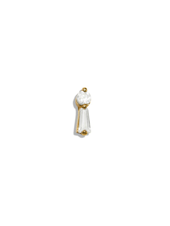 Tapered Baguette and Round Diamond Yellow Gold Single Stud