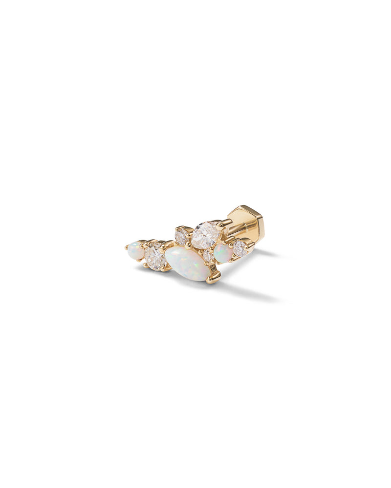 Long Opal and Diamond Cluster Yellow Gold Stud