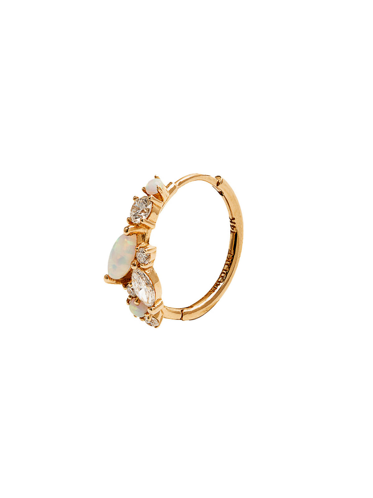 11mm Opal and Diamond Cluster Yellow Gold Single Hoop Earring