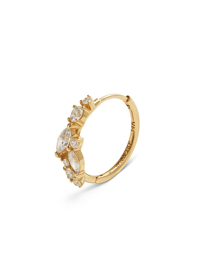 11mm Diamond Cluster Yellow Gold Single Hoop Earring