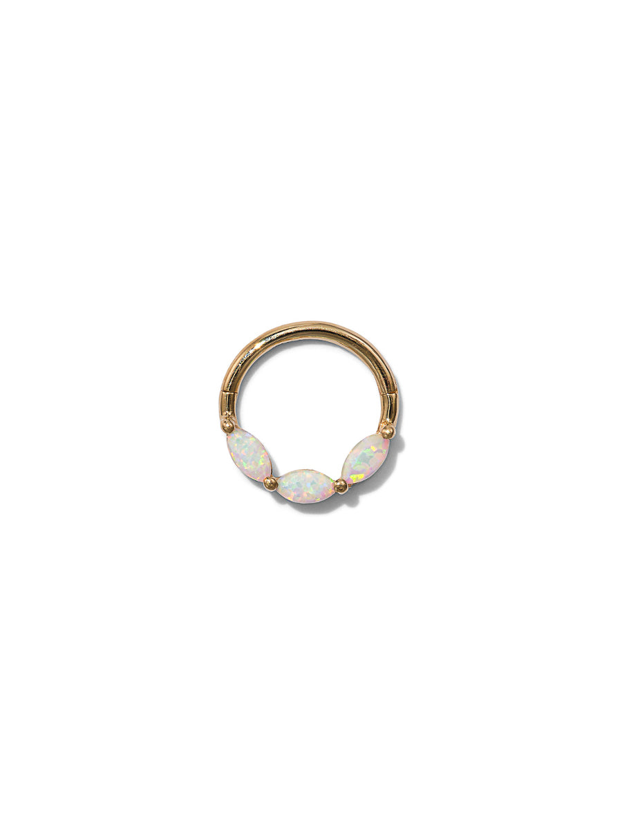 3 Opal Marquise Front Yellow Gold Hinge Clicker Hoop