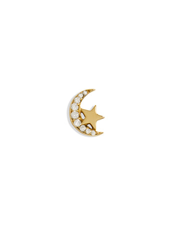 Crescent Moon & Star Yellow Gold Single Stud