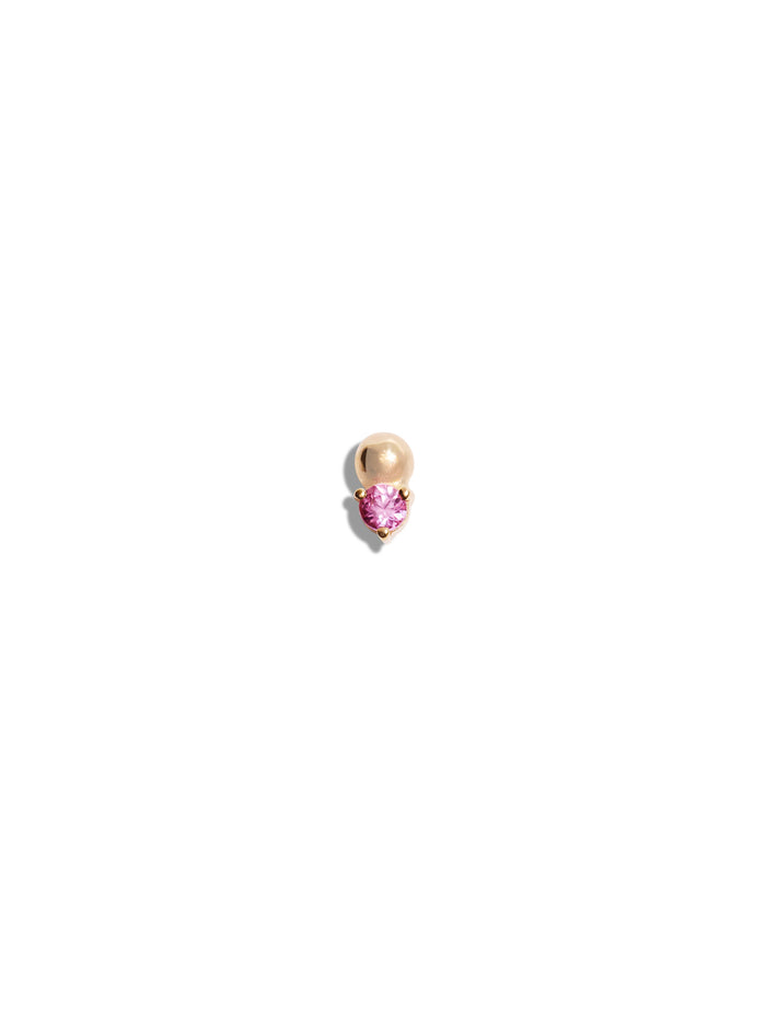 Pink Sapphire Solitaire + Bead Yellow Gold Stud