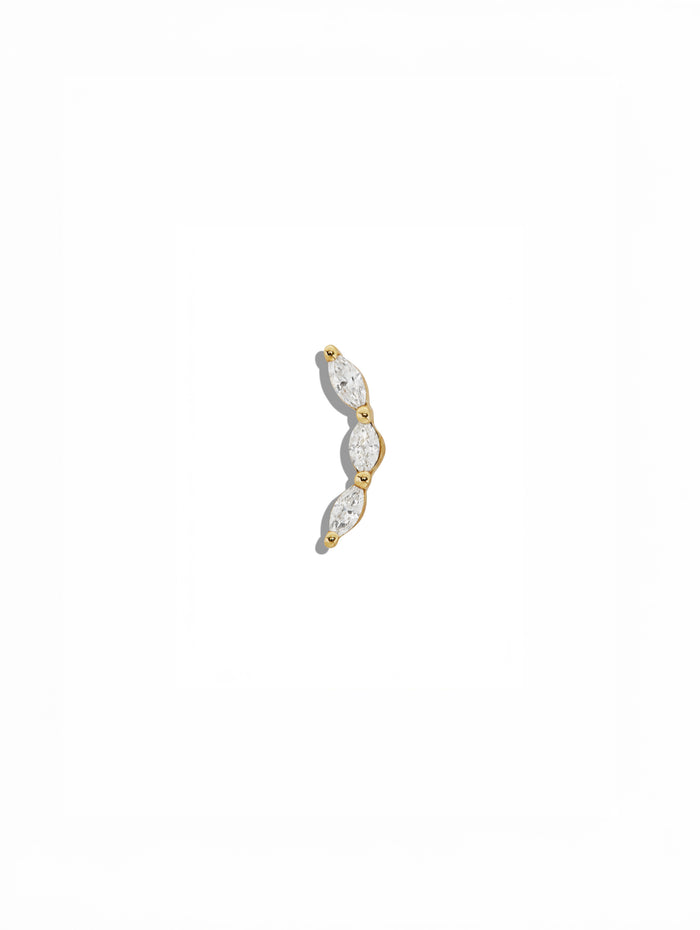 Mini Three Diamond Marquise Curve Yellow Gold Stud