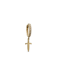 Sword Yellow Gold Pavè Single Huggie Hoop Earring