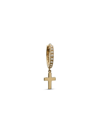 Cross Yellow Gold Pavé Single Huggie Hoop Earring