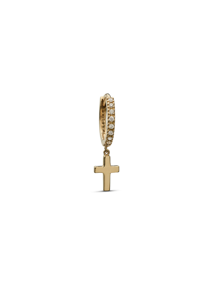 Cross Yellow Gold Pavé Single Huggie Hoop Earring