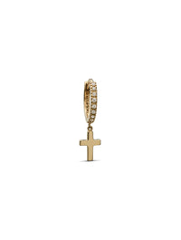 Cross Yellow Gold Pavé Single Huggie Hoop Earring