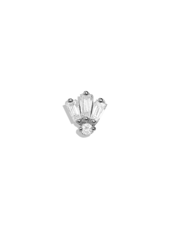 Three Diamond Baguette and Diamond Round White Gold Single Stud Earring