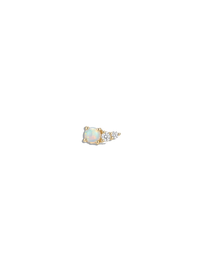 Opal & 2 Diamond Tiny Curve Yellow Gold Stud
