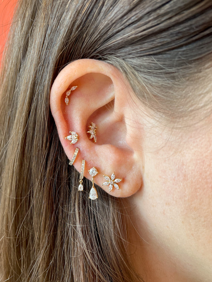 Mini Three Diamond Marquise Curve Yellow Gold Stud