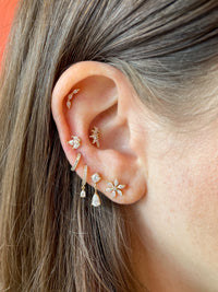 Mini Three Diamond Marquise Curve Yellow Gold Stud