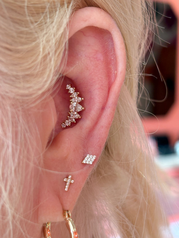 Pear, Marquise & Round Diamond Large Curve Yellow Gold Stud