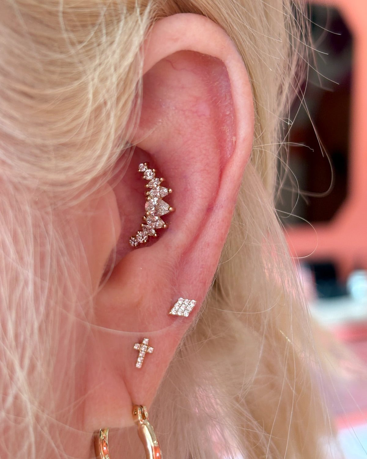 Pear, Marquise & Round Diamond Large Curve Yellow Gold Stud