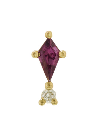 Diamond and Rhodolite Kiss and Tell Yellow Gold Single Threaded Earring