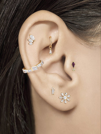 Diamond and Rhodolite Kiss and Tell Yellow Gold Single Threaded Earring