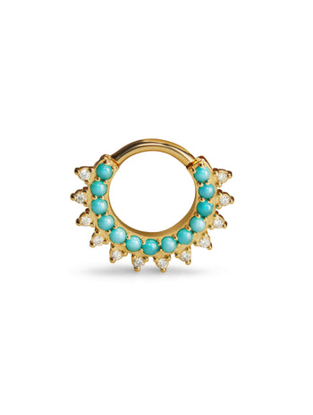 Diamond and Turquoise Gem Kolo Yellow Gold Single Hoop Earring