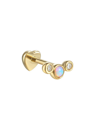 Opal & Diamond Bezel Set Crescent Threaded Yellow Gold Stud