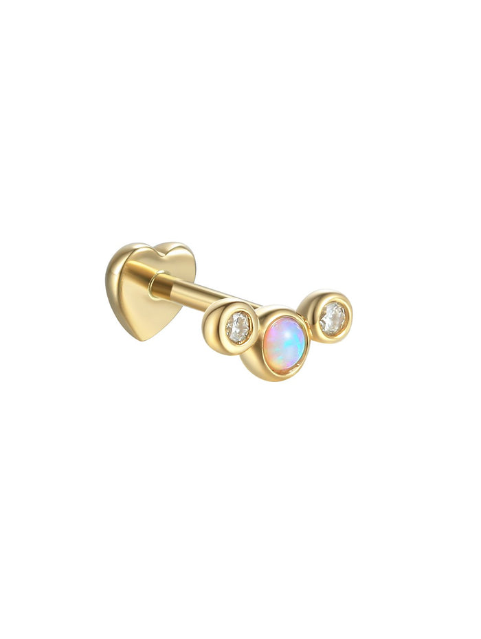 Opal & Diamond Bezel Set Crescent Threaded Yellow Gold Stud