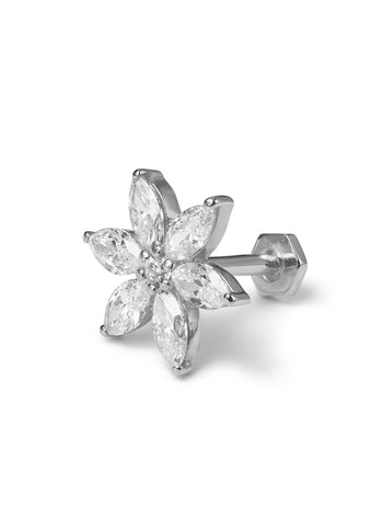 Diamond Round and Marquise Flower White Gold Single Stud