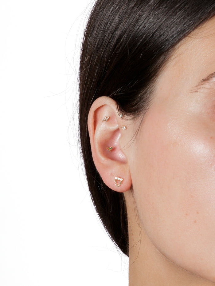 3 Diamond Bar with Chain Drape Yellow Gold Single Threadless Stud