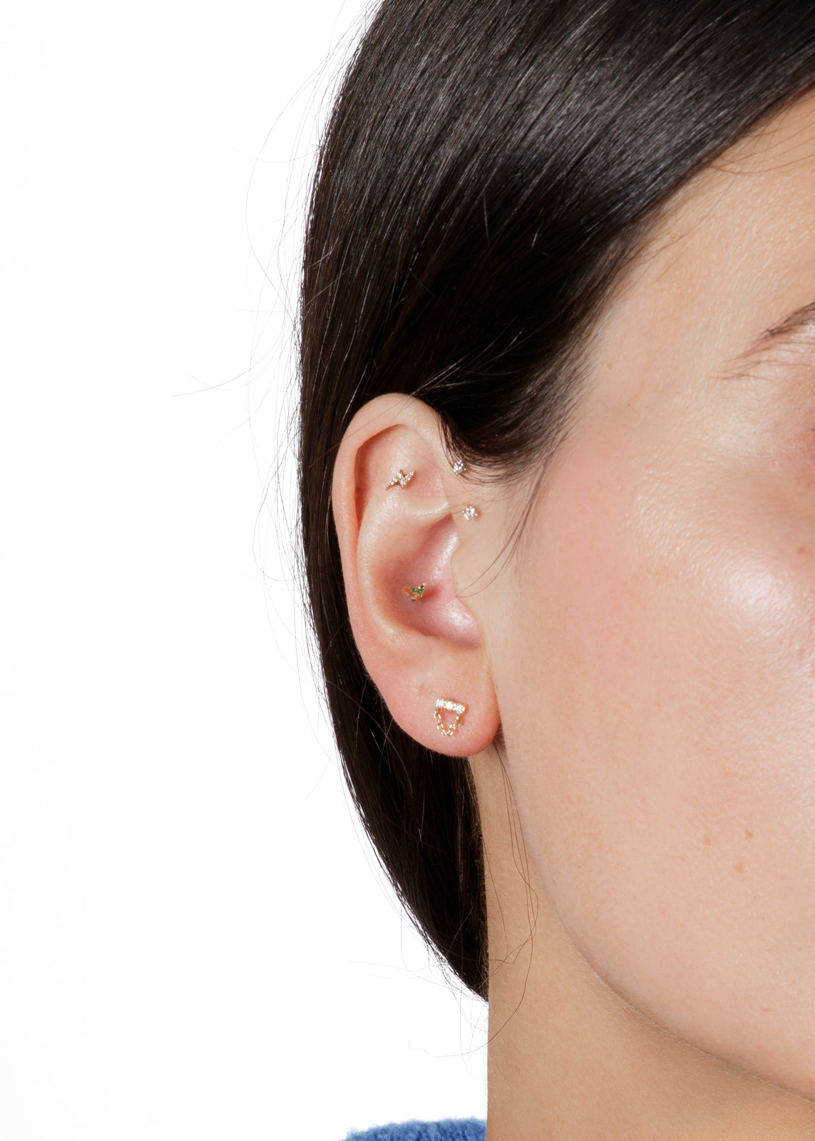 3 Diamond Bar with Chain Drape Yellow Gold Single Threadless Stud