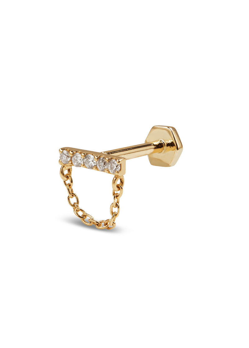 5 Diamond Bar with Chain Drape Yellow Gold Stud