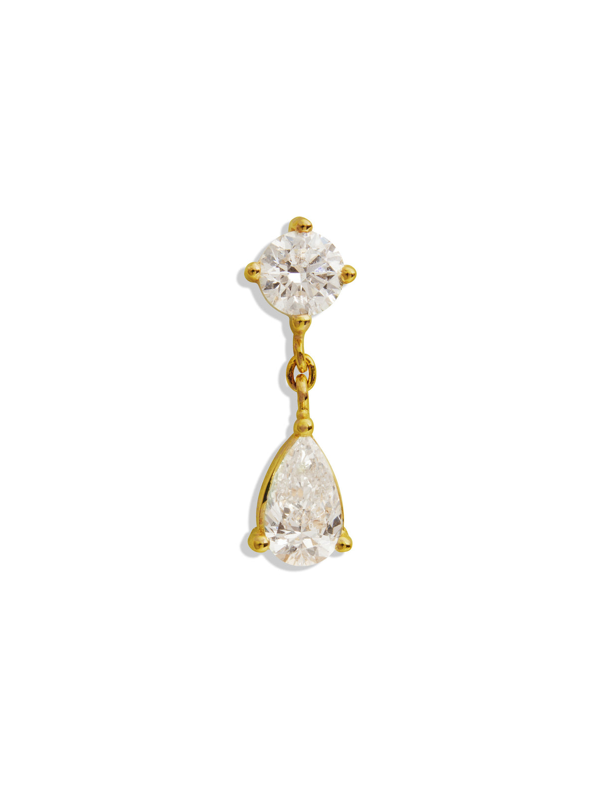 Round and Pear Diamond Drop Yellow Gold Single Earring