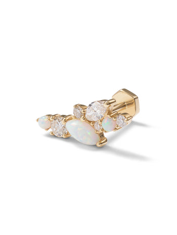 Long Opal and Diamond Cluster Yellow Gold Single Stud