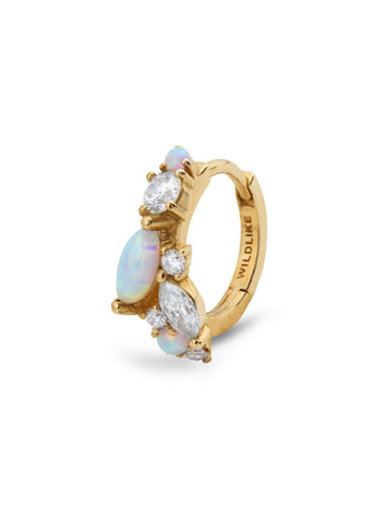 8mm Opal and Diamond Cluster Yellow Gold Single Hoop Earring